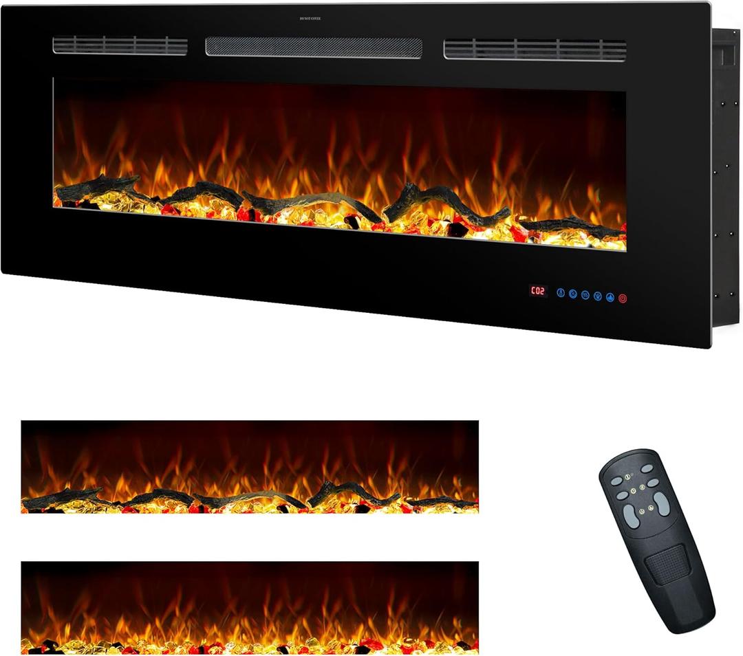 48 Inches Electric Fireplace Inserts, Recessed and Wall Mounted Fireplace Heater for Indoor Use with Remote Control, 13 Color Flames with Log &Crystal, 9H Timer, 750/1500W