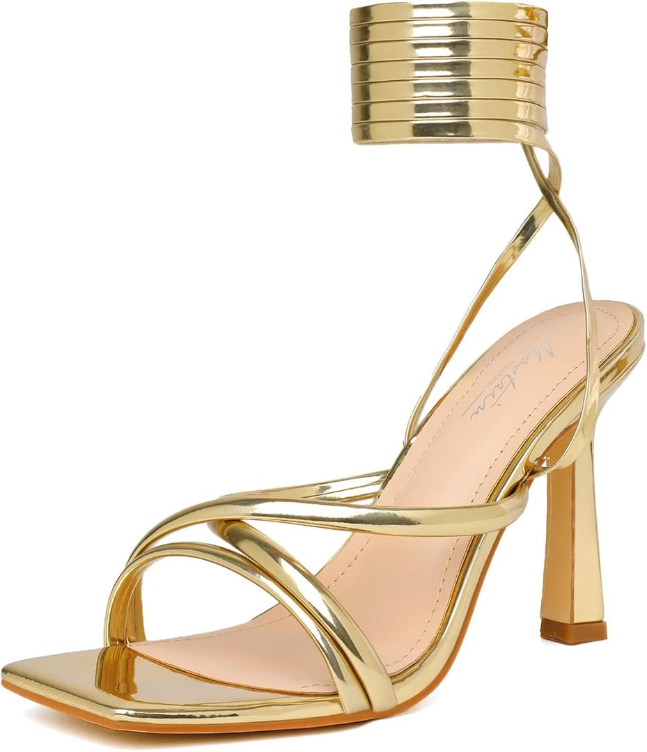Mostrin Womens Sandals Strappy Heels for Women Lace Up Square Open Toe Heels Tie Up High Heeled Sandals for Prom, Party, Daily Wear (7.5, Gold)