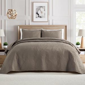 BOURINA Ultrasonic Quilt Set Bedspreads 3-Piece Bedding Set Pre-Washed Microfiber Ultra Soft Lightweight Flower Coverlet Set for All Season, Queen Taupe (Queen 90" x 92")
