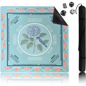 Mahjong Mat for Table, 31.5 x 31.5 Inches, Waterproof Non-Slip Noise-Reducing Mahjong Game Mat, Hydrangea Pattern, Easy-Clean Surface with 4 Dice for Home & Travel
