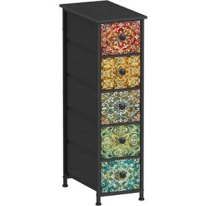 GiftGo Retro Skinny Dresser with Fabric Drawers Thin Slim Boho Mandala Flower Chest of Drawers Narrow Storage Tower for Small Spaces Gaps Bedroom Beautiful Nightstand Living Room Table, 18.9"D x 9.8"W x 34.7"H (5 Drawers), Narrow Mandala