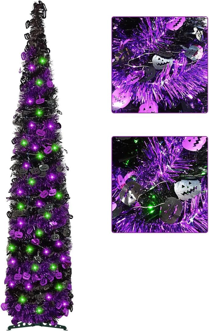 Artificial Christmas Tree with 100 Color Lights, 5 Ft Pop Up Collapsible Tinsel Christmas Tree with Christmas Balls Christmas Decorations for Home Fireplace Party Indoor Outdoor (Black/Purple)