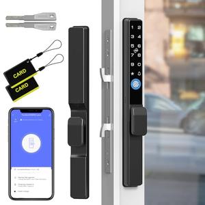 Dhiedas Slim Sliding Glass Door Lock, Sliding Door Lock with Fingerprint Remote APP Keypad RFID Key Electronic Digital Biometric Mortise Smart Lock for Double Hook Patio Sliding Door