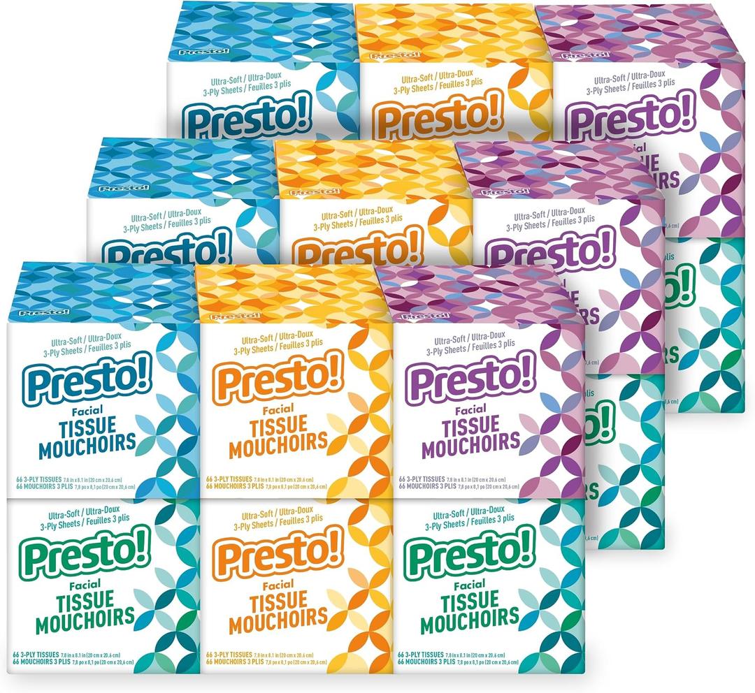 Amazon Brand - Presto! Ultra-Soft 3-Ply Premium Facial Tissues, Colorful Boxes, 1188 Count (18 Packs of 66)