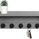 Lwenki Wall Key Holder with Shelf, Rustic Shelf with Hooks Made of Paulownia Wood Holds Keys, Dog Leash, Bags and More - 13.7" W x 4.7" H x 3.5" D Decorative Key Hanger and Entryway Shelf (Gray)