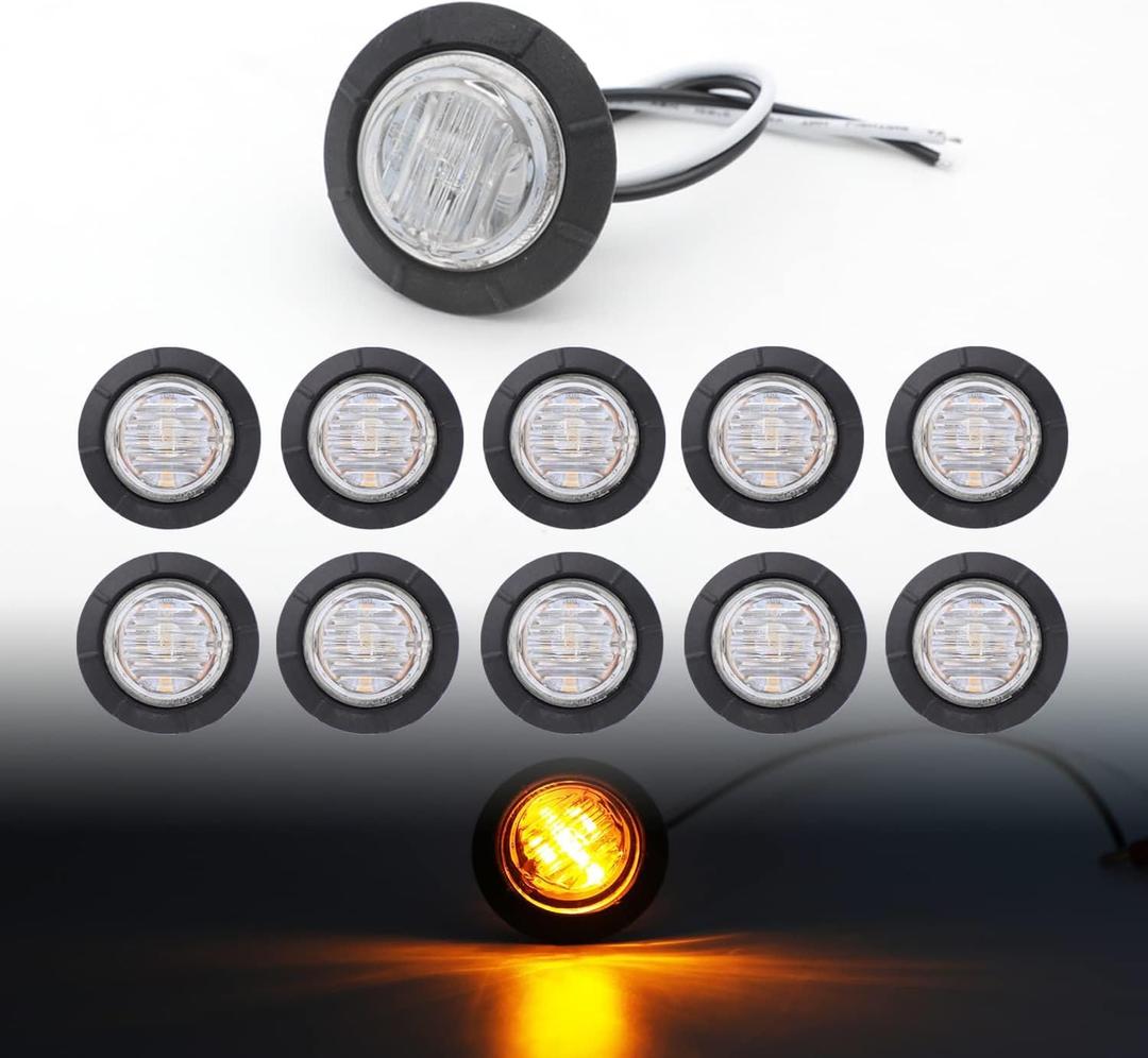 TMH 1-1/4 Inch Round 6 LED Bullet Clear Lens Amber Side Marker Indicator Lights LED Marker Trailer Clearance Lights for Truck Mack Bus RV Dump Pickup 12V DC (10 Pcs)