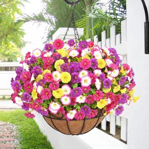 Elyum Artificial Hanging Flowers for Outdoors, Fake Flowers Artificial Petunias Hanging Baskets for Outdoors, UV Resistant Fake Hanging Plants Flowers for Outside Garden Patio Porch Decor