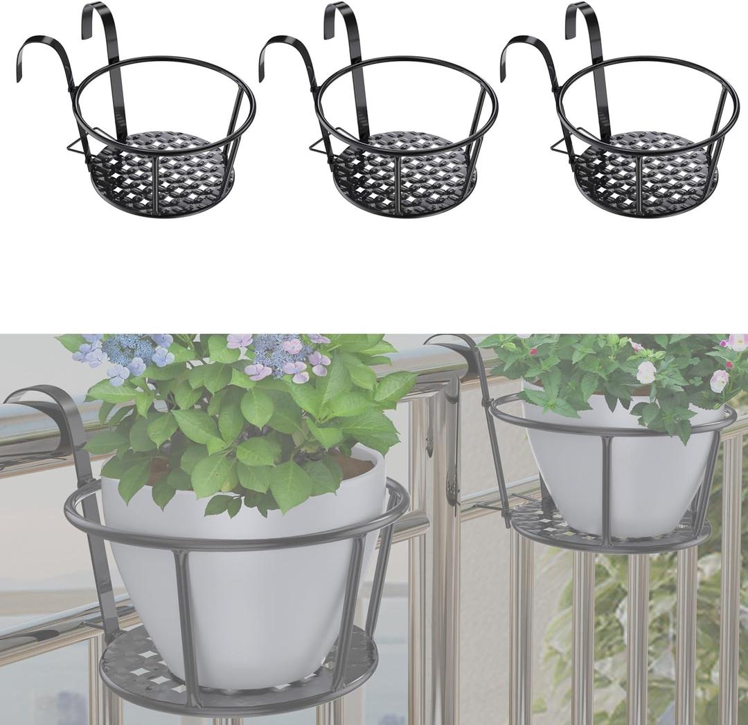 3 PCS Railing Hanging Planter Holders, Suitable for Railings from 1" to 2.08". Round Balcony Metal Flower Pot Stand with Base, Easy for Hanging and Moving.
