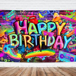 Graffiti Backdrop 7Wx5H Feet Neon Happy Birthday Glow in The Dark Brick Wall Colorful Painting Splatter Polyester Fabric Cool Photography Backgrounds Photo Shoot Decor Props Decoration