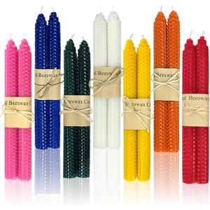 14 Pack Beeswax Taper Candles, Handmade Bees Wax Candle for Home, Dripless & Unscented Candle Sticks, 9" Tall, Rainbow Colored Candles by Kissingfish (7 Colors)