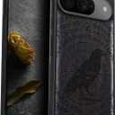 Carveit Wood Case for Pixel 9 Case [Natural Wood & Black Soft TPU] Shockproof Protective Unique Wooden Cover Compatible with Google Pixel 9 (The Haloed Crow-Blackwood)