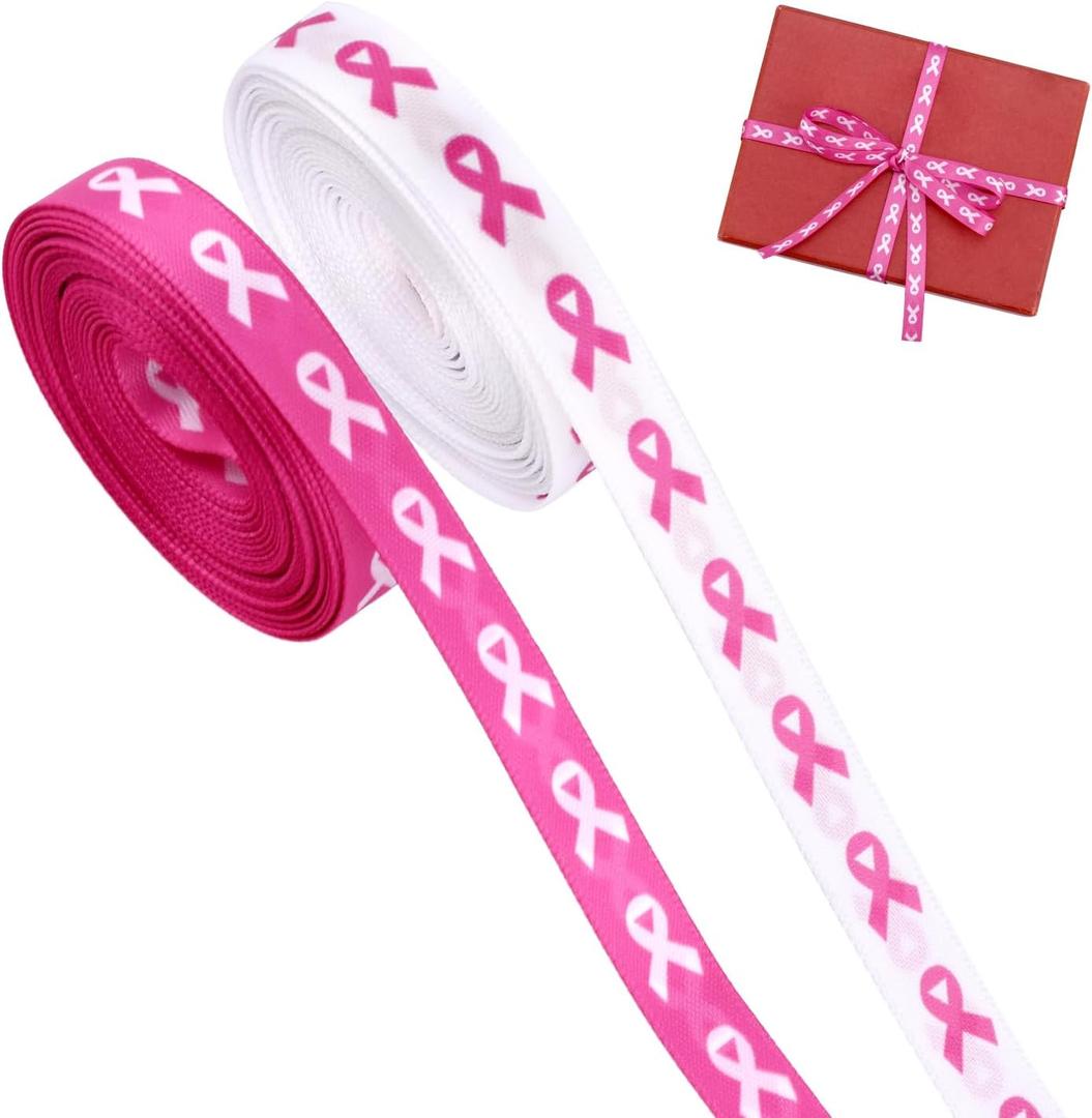 3 x BOXOB 2 Rolls Pink & White Breast Awareness Ribbons, Polyester Double-Sided Printing Breast Awareness Products Items Accessories for Gift Wrapping DIY Crafts Hair Bows & Party Decoration