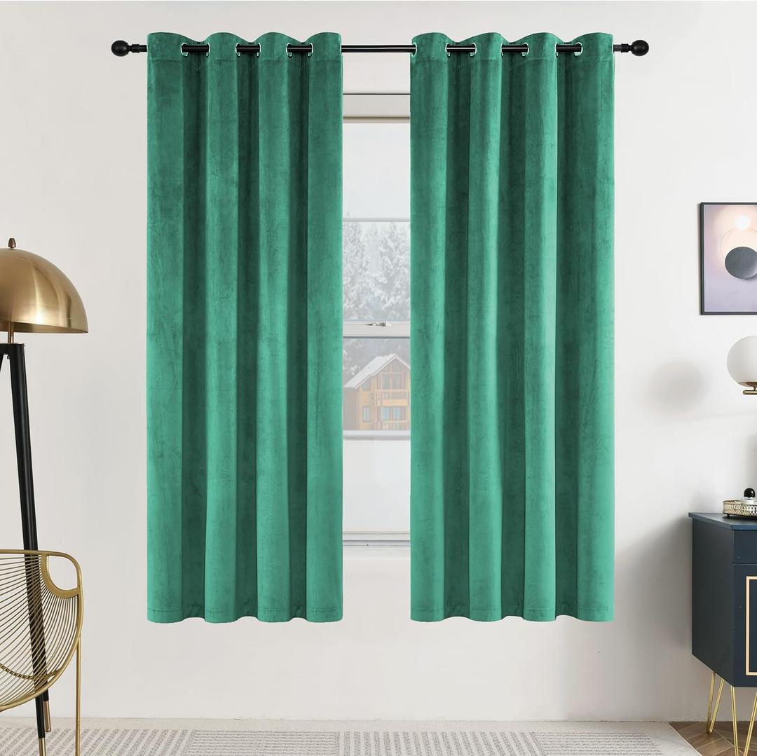 SNITIE Emerald Green 63in Long Velvet Curtains with Grommet, Super Soft Noise Reducing Thick Light Filtering Velvet Drapes for Living Room and Bedroom, Set of 2 Panels, 52x63In Long