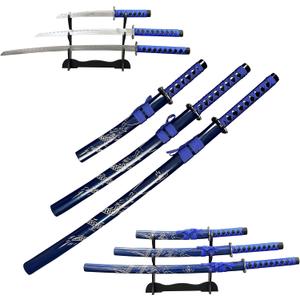 Decorative Samurai Sword Set, 3-Piece Blue Katana Collection with Display Stand, 39.3/31.1/20.4 inches