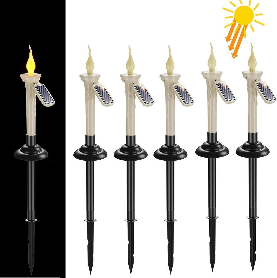 PChero Solar Taper Candles Outdoor Waterproof, 6 Packs Rechargeable Flickering LED Tapered Candlestick with Holders Dusk to Dawn Sensor Lights for Outside Patio Table Windows Decor