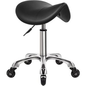 WKWKER Heavy Duty Saddle Rolling Stool with Wheels Hydraulic Swivel Adjustable Rolling Stool Ergonomic Thick Leather Seat Chair for Kitchen Drafting Lab Office Salon Massage – Black