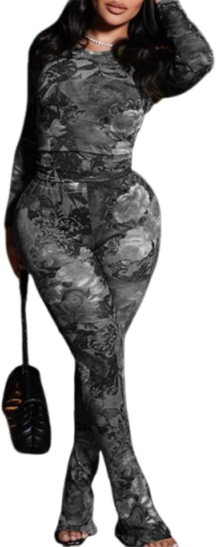 Sexy 2 Piece Set Jumpsuit for Women Floral Print See Through Mesh Long Sleeve Going Out Top and Flare Pants Sets (Large, Black)