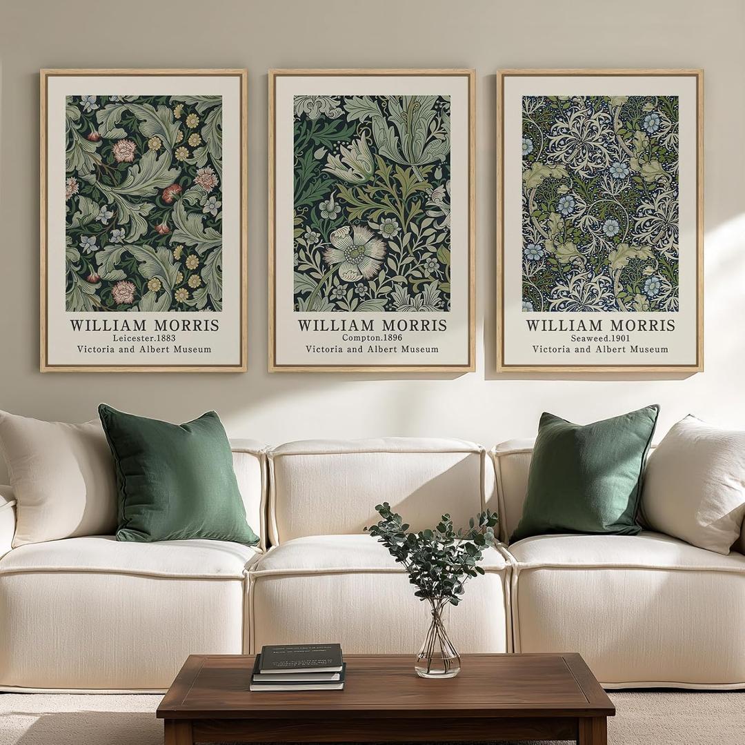 Large Framed William Morris Green Wall Art, 3 Piece Vintage Floral Canvas Prints, Retro Botanical Wall Decor for Living Room Bedroom Hallway Office, 24x36 Inch