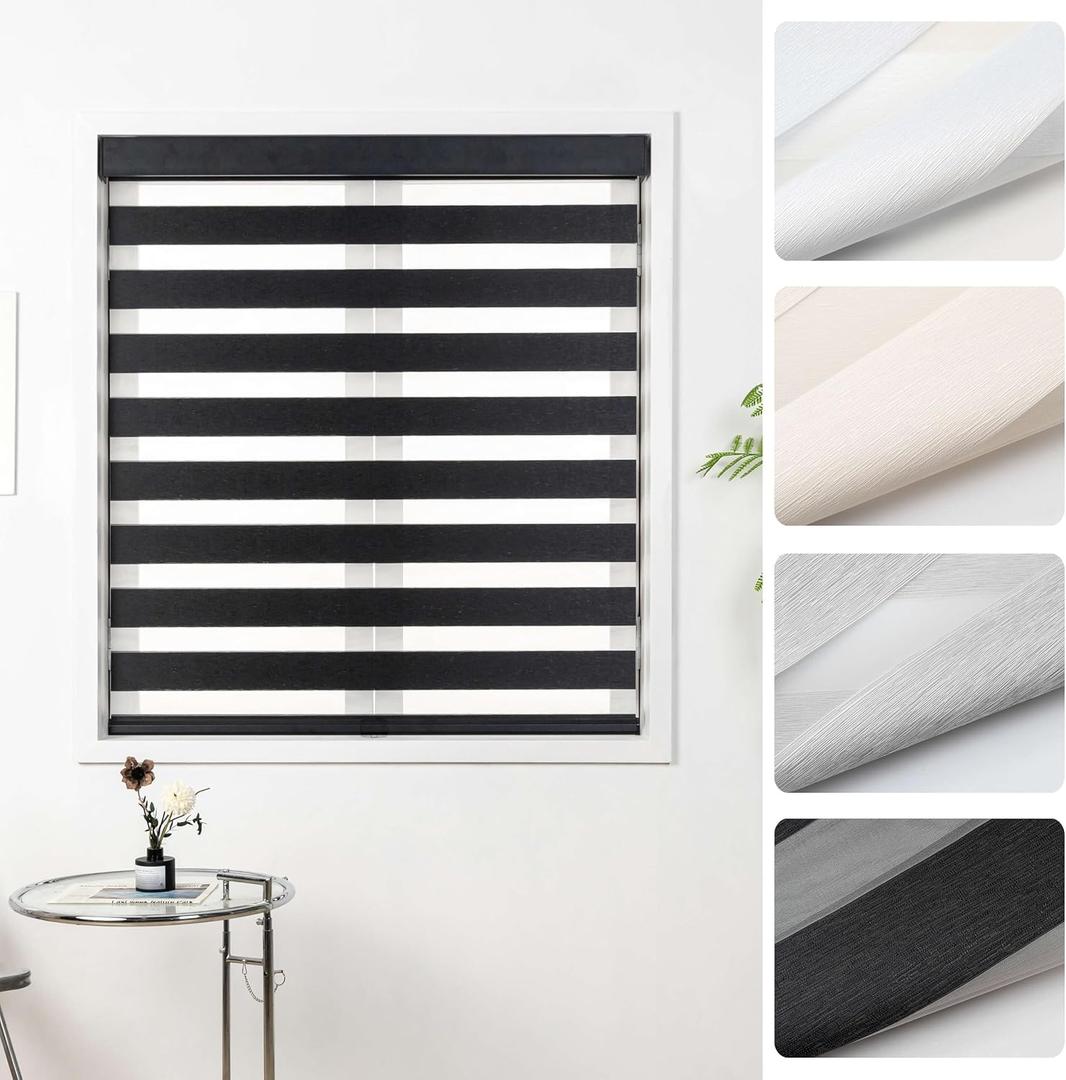 Cordless Zebra Blinds for Windows, 28" W x 72" H, Black | Light Filtering Roller Window Shades, Dual Layers Zebra Shades, Cordless Safety Design, Free-Stop Pull Down, Modern Style