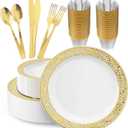 150 Count Gold Plastic Dinnerware Set, Elegant Disposable Include: 25 Gold Lace Plastic Plates, 25 Dessert Plates, 25 Forks, 25 Knives, 25 Spoons, 25 Cup, Ideal for Party, Birthday and Thanksgiving