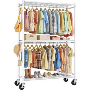 Sakugi Clothes Rack - Double Hanging Rod Clothing Rack with Wheels & Leveling Feet, Large Capacity Wardrobe Closet with Shelves for Bedroom, Laundry Room, Entryway, 45.2" x 12.6" x 80.7", White
