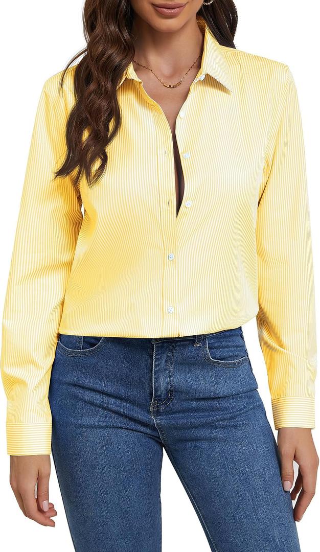 Wrinkle Free Womens Button Down Shirts for Women Long Sleeve Stretch Business Office Formal Work Blouses Tops (Yellow, S)