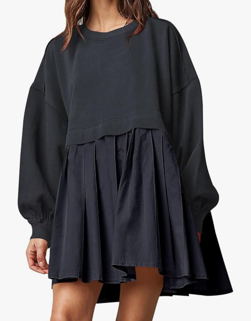 NUFIWI Women Casual Patchwork Sweatshirt Dress Long Sleeve Active Baggy Wrinkle Short Dress Casual Loose Fit Tunic Dress, Size L