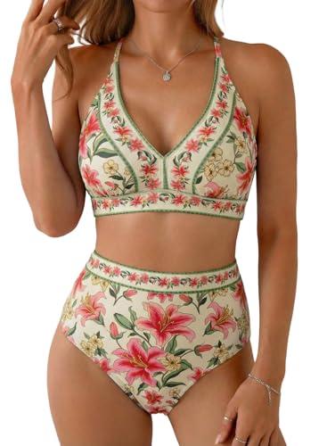 Herseas Womens High Waisted Bikini Sets 2 Piece V Neck Floral Print Sporty Swim Suits 2026 Modest Full Coverage Long Torso Bathing Suits Casual Beach Vacation Essentials Pink Lily X-Small
