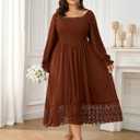 2 x SHESTARR Women's Plus Size Maxi Dress Long Sleeve Square Neck Smocked Flowy A-Line Lace Trim Wedding Guest Dresses (XXL)