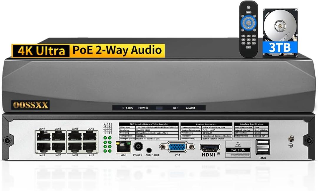 OOSSXX 8.0/4K Megapixel Security POE NVR Network Video Recorder,3TB HDD
Supports up to 8MP/4K IP Cameras, Max to 8TB Hard Drive
