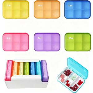 6 Times a Day, 7 Piece Set Pill Organizer-Weekly Daily Travel Medicine Multicolored Organizer,Portable 7 Day Pill Box with Moisture-Proof Pill Case Travel Pill Container for Vitamins Supplements