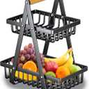 2 Tier Countertop Fruit Basket with Wood Handle, Kitchen Storage Organizer for Fruits, Vegetables, Bread, Snacks - Detachable Rectangular Basket for Pantry, Dining Table (Black)