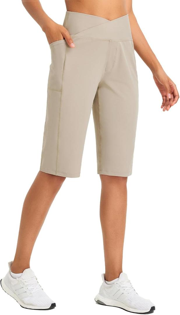 baleaf Womens Bermuda Long Shorts 14" Knee Length Capris High Waisted Athletic Shorts with Pockets Summer Stretch Loose (Medium, Khaki)