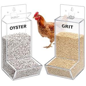 Hushee 2 Packs Acrylic Oyster Shell and Grit Feeder for Chickens, Clear Automatic Chickens Feeder with Lid Chicken Coop Accessories Multiple Installation Methods for Hens Chicks Cages Wall Pillar