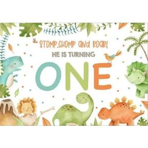 Rsuuinu Dinosaur Themed 1st Birthday Backdrop - Green Fabric - 7x5ft - No Stand Included