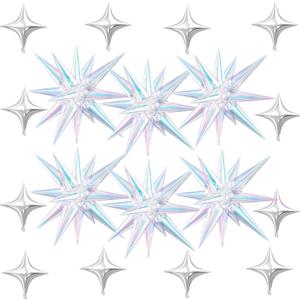 18 Pcs Iridescent Star Balloons, Iridescent Clear Stars Foil Balloon with 6 Pcs 22-Inch Explosion Star Balloons 12Pcs Silver 10-Inch Four Pointed Stars Balloon for Birthday New Year Party Decors