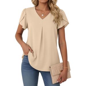 Lepunuo Womens Spring Tops Summer Dressy Casual V Neck Short Sleeve Blouses Flowy Shirts Business Work Tunic Tops 2XL