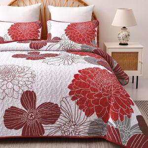 King Quilt Sets Red Floral Pattern Quilt Bedding Set, 3 Pieces Botanical Quilt Soft Microfiber Bedspread Coverlet Set, Boho Bed Cover Bedding Set for All Season(104" x 90)