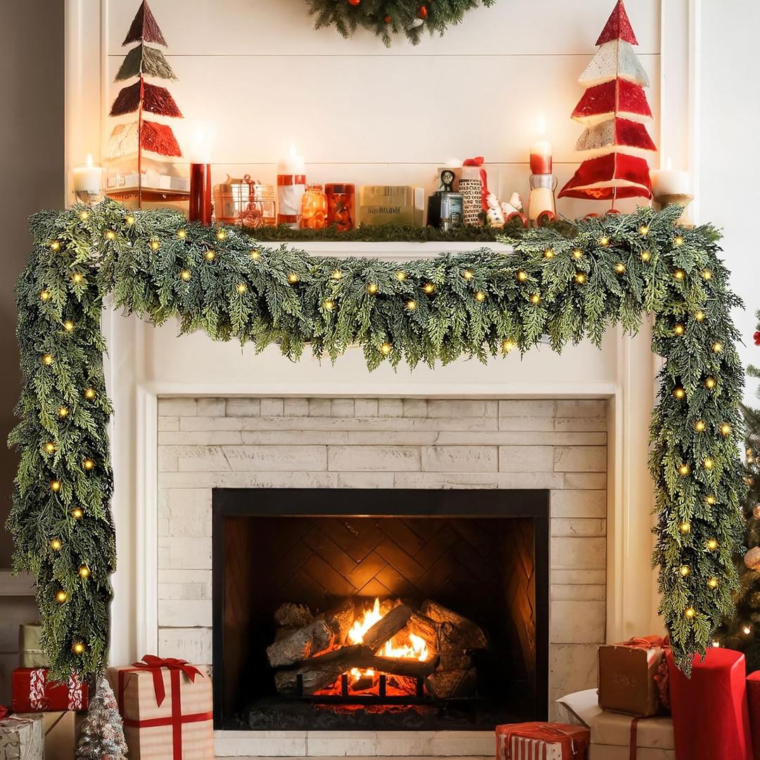 9FT Artificial Cedar Christmas Garland with 120 LED Lights - Real Touch Winter Pine Garland, Green Artificial Greenery Garland for Table, Mantle, Wall, Indoor, Outdoor Christmas Decorations