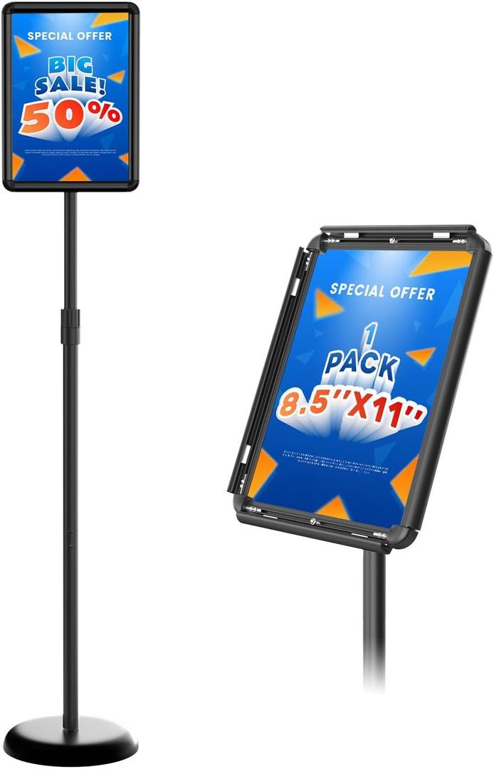 Sign Stand Holder 8.5x11 inch - Adjustable Sign Holder Stand for Display with Heavy Duty Base, Floor Standing Sign Holder for Business, Retail, Events, Offices, Trade Show(Black 8.511 inch - 1 Pack)
