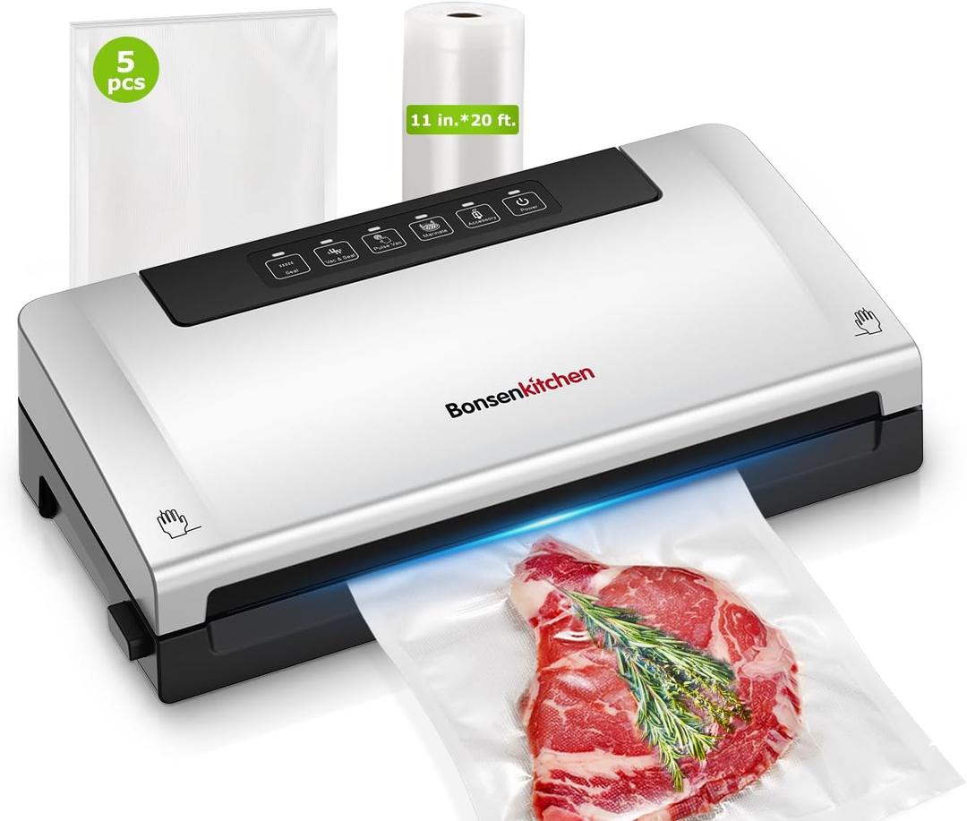 Bonsenkitchen Vacuum Sealer Machine, Built-in Cutter | Bag Storage, Multifunctional Food Sealer for Sous Vide & Meal Prep, 1 Roll Bag & 5 Pre-Cut Bags, Silver