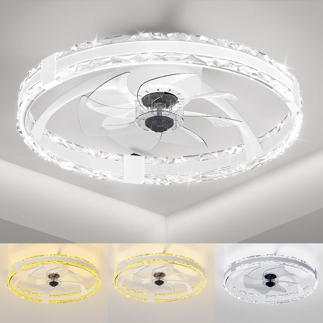 Ceiling Fans with Lights and Remote, 20'' Low Profile Flush Mount Ceiling Fan with 6 Speeds & 3 Color Temperature, 3000-6500K Dimmable Led Fandelier for Bedroom Livingroom, White