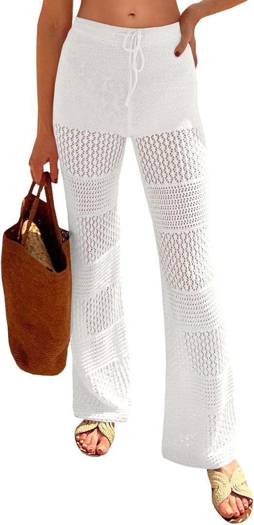 Saodimallsu Womens Beach Cover Up Pants Boho Crochet Knit High Waist Drawstring Sheer Hollow Swim Pant Swimwear (Small, White)