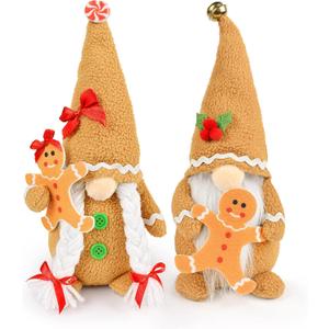 D-FantiX Christmas Gingerbread Man Gnomes Plush Doll Sets, 2Pcs Handmade Stuffed Scandinavian Gnome Decorations Kits, Nordic Swedish Tomte Gnome Collectible Figurines Ornament, Tiered Tray Decor