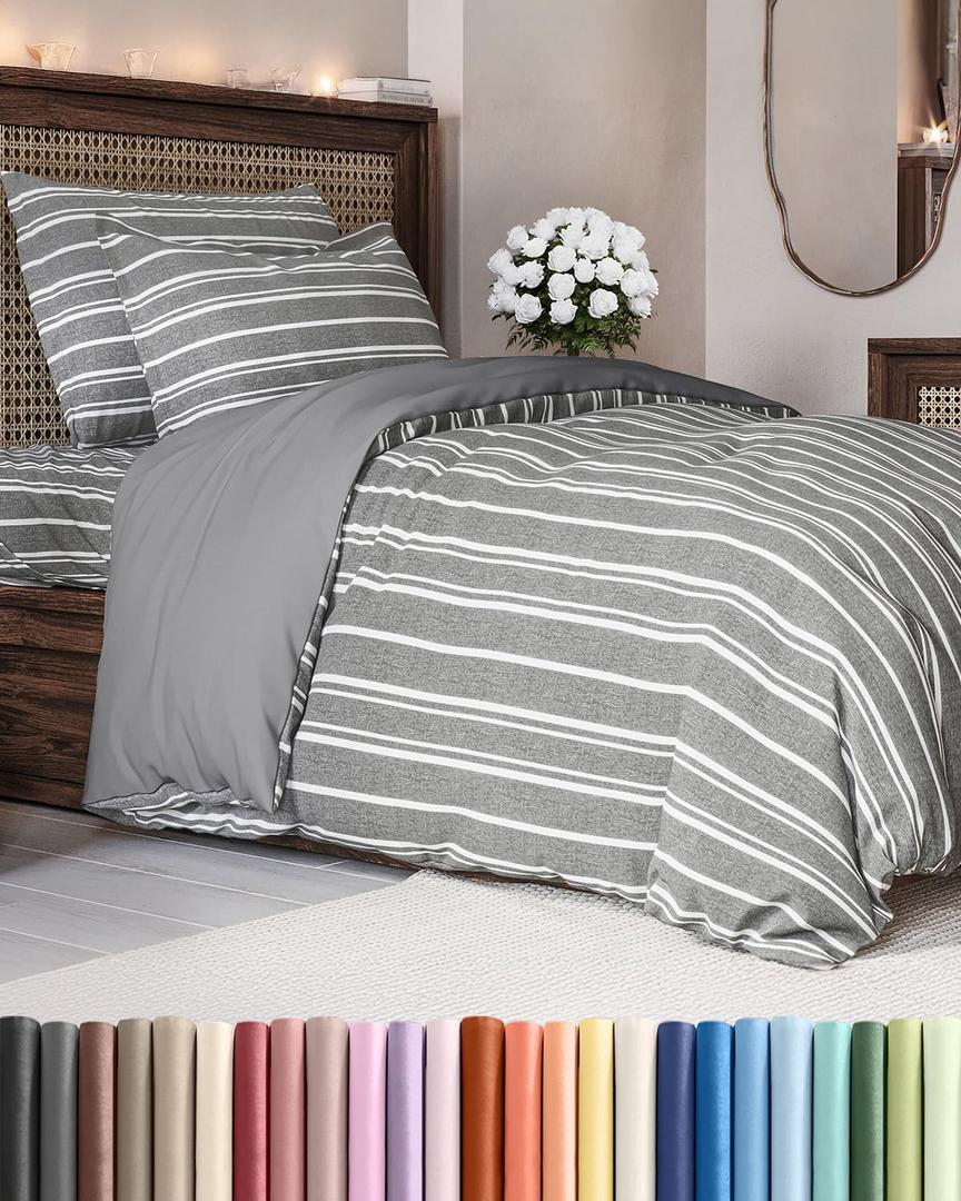 Duvet Cover Twin/Twin XL Size - Extra Soft Twin/Twin XL Size Duvet Cover - Lightweight, Breathable & Cozy w/ Zipper Closures and Ties - 68" x 90" Inches - (Grey Stripes 3) 