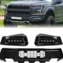 Front Bumper With LED Fog Light Assembly Compatible with 2018-2020 Ford F150 F-150 Steel Black with Sequential Flash Turn Signal Feature