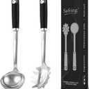 Stainless Steel Soup Ladle and Spaghetti Spoon Set, Heat Resistant Rubber Handle, Dishwasher Safe, Kitchen Utensils for Cooking, Stirring, Serving Pasta, Soup & Sauce