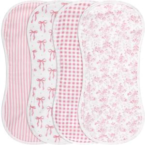 Boao 4 Pack Baby Burp Cloths Pink Bow Rayon Cotton Baby Burping Cloths 21" x 10" Soft Muslin 7 Absorbent Layers Washcloths Newborn Face Towels for Teething Drooling Infant Boy Girl Unisex