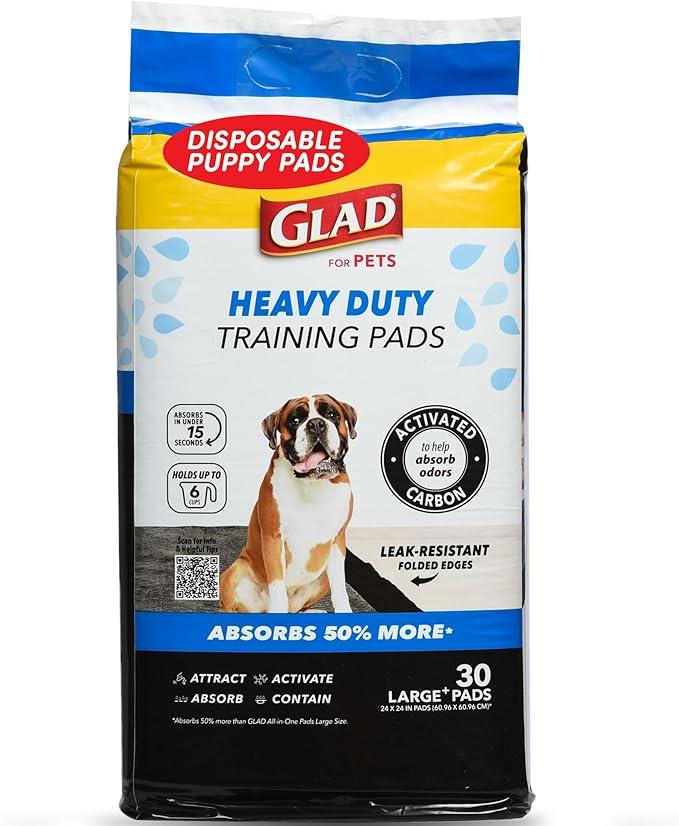 Glad for Pets XL Heavy Duty Activated Carbon Puppy Essentials Training Pads  Zero Odor, Ultra Absorbent Pads for Puppy Potty Training, Indoor Dog Potty, Pee Pads for Dogs, 24" x 24", 30 Count