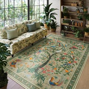 LEEVAN Botanical Birds 5x7 Area Rug Washable Tan Rug for Living Room Soft Bedroom Floor Carpet Non Slip Vintage Nursery Rugs Cute Kids Room Decor Low Pile Office Rug